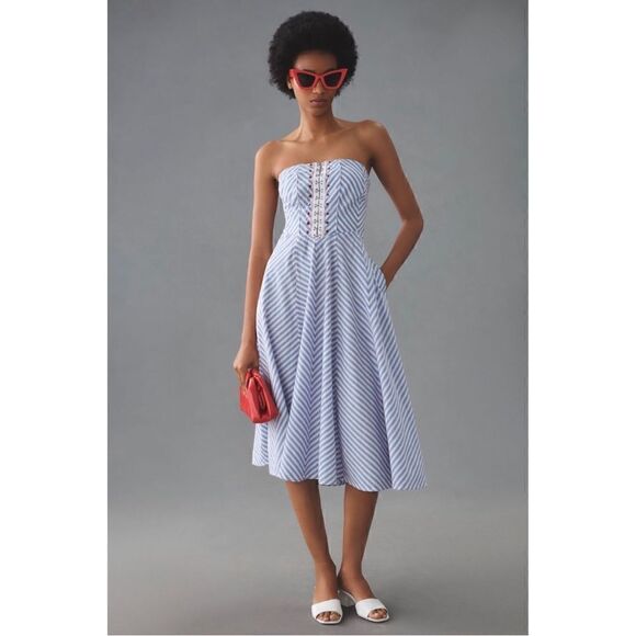 Anthropologie Dresses & Skirts - NEW Anthropologie Maeve Blue Chevron Striped Strapless A-Line Dress Medium